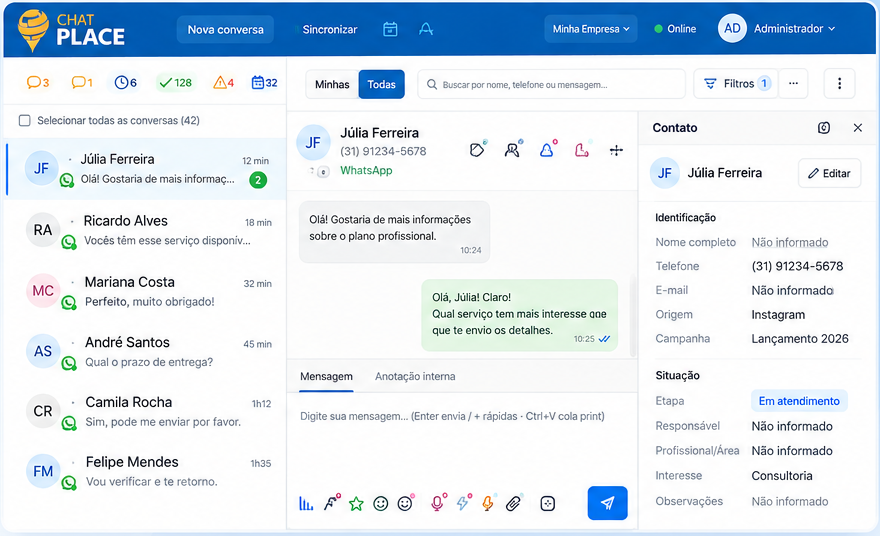 Central de Conversas em ambiente demonstrativo com contatos fictícios