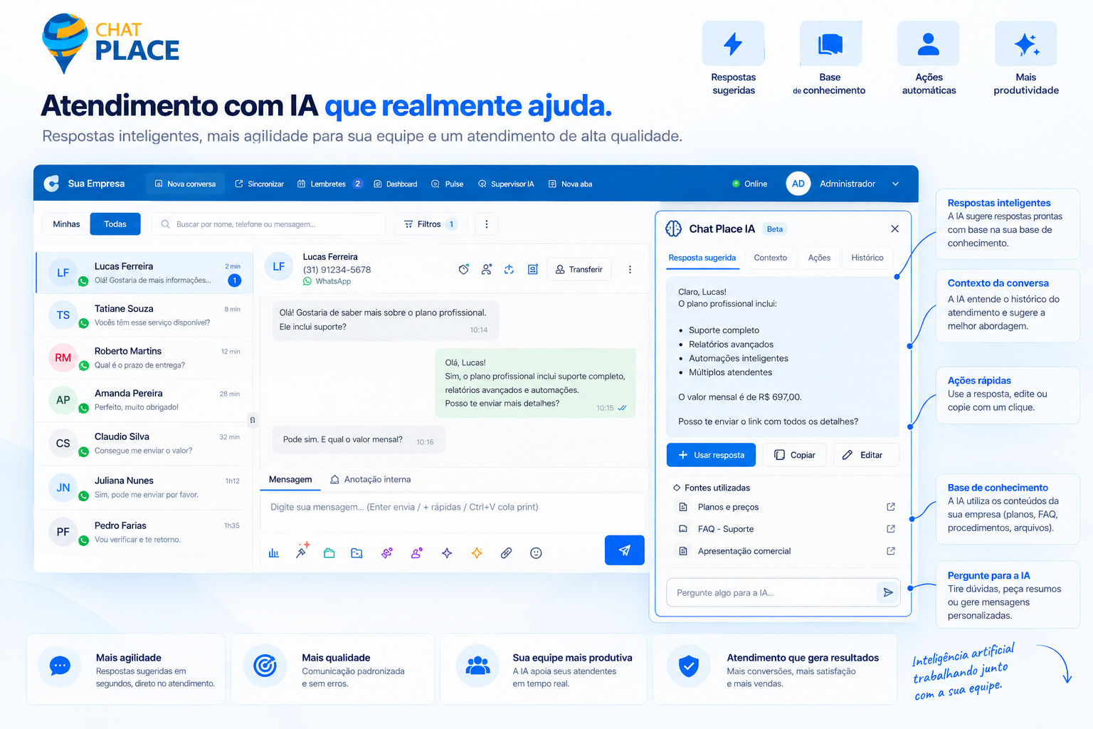Atendimento com IA do Chat Place com respostas sugeridas, contexto e base de conhecimento